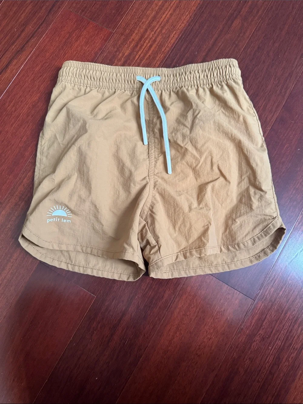 Petit Lem Tan Athletic Swim Shorts with White Drawstring